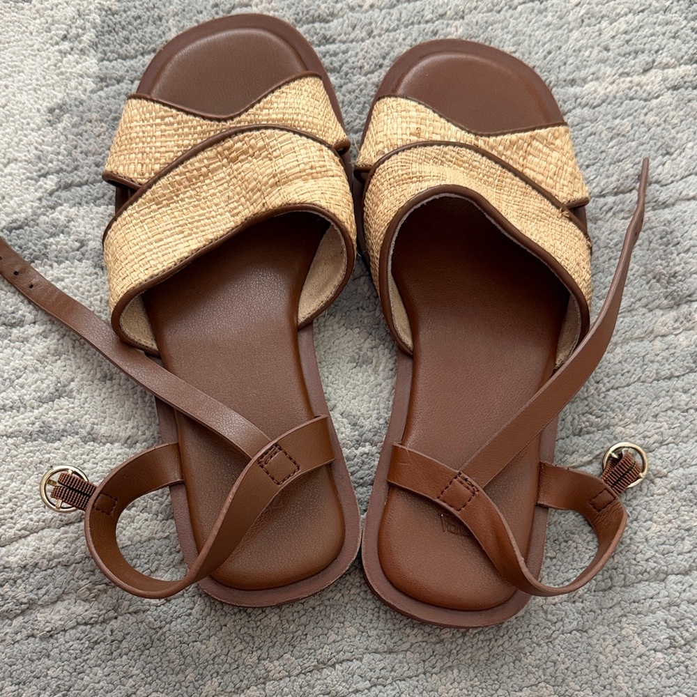 Zara Brown and Natural Woven Crossband Sandals